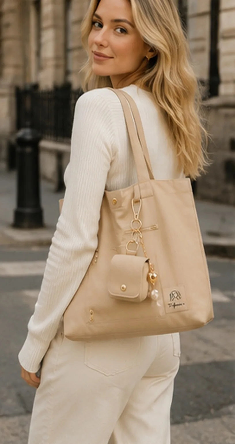 Emma carrying the Trifemme foldable shopping bag